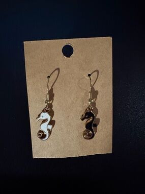 Seahorse Drop Earrings - Black & White Enamel